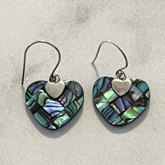 Abalone Shell Sterling Silver 925 Heart French Hook Earrings - Picture 11 of 13